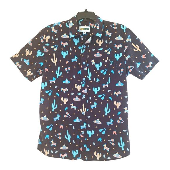 Tipsy Elves Men's Midnight Fiesta Hawaiian Shirt Black with Turquoise size M - Picture 1 of 6